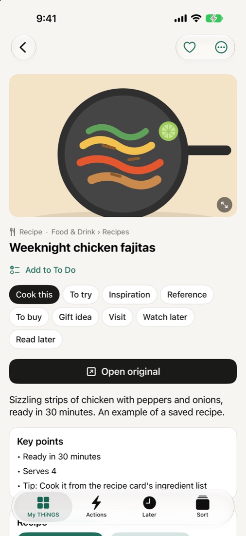 A saved recipe with its why labels: Cook this, To try, To buy…