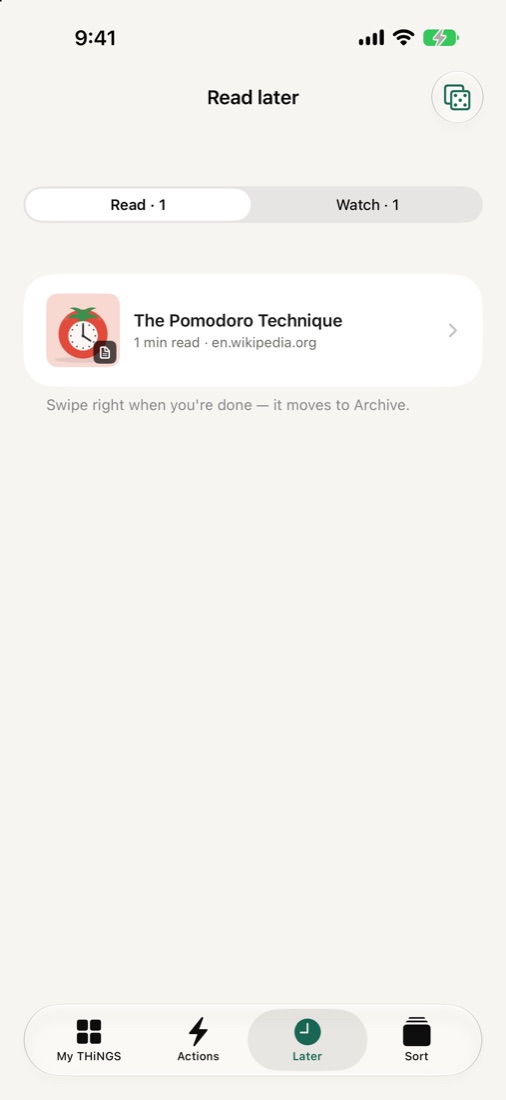 The Later tab with Read and Watch