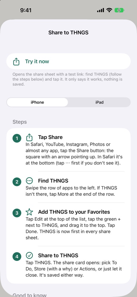 Settings › Share to THNGS with Try it now and the steps