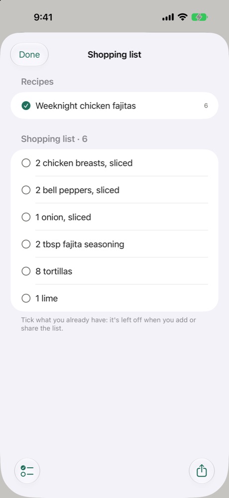 Shopping list from a recipe