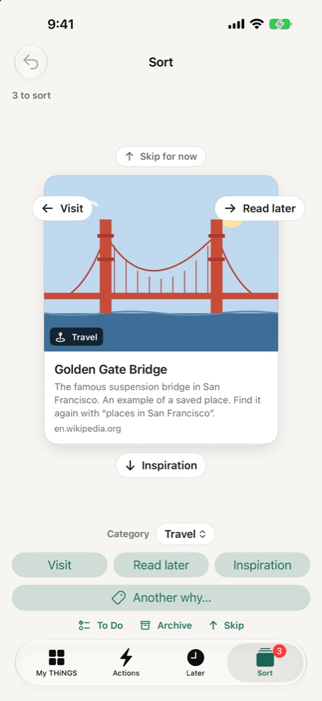 The Sort tab: a card with Visit, Read later and Inspiration to swipe to